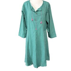 Global Desi Women's 2XL Green Striped V-Neck Boho Swing Cotton‎ Midi Dress
